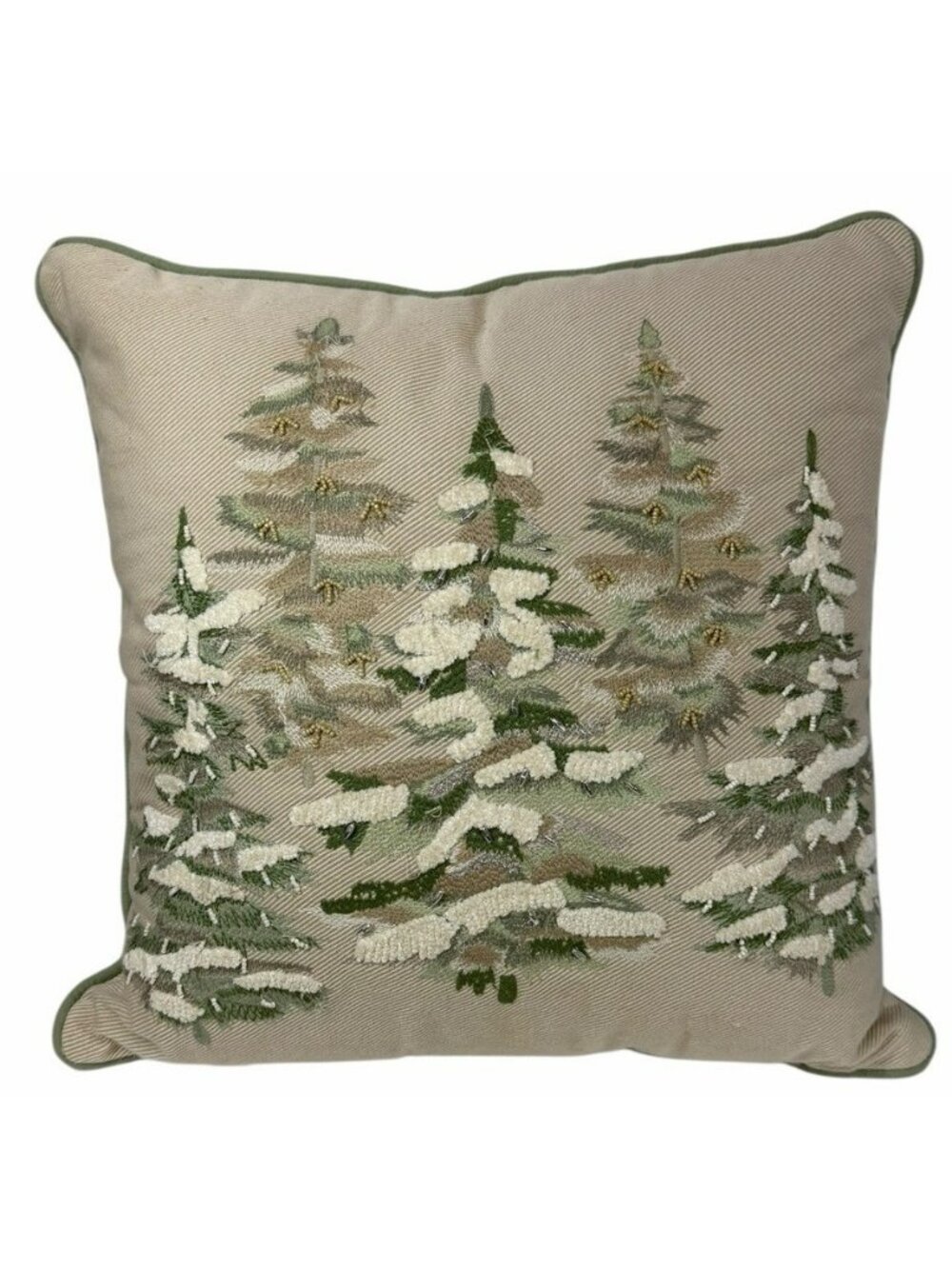 World Market Evergreen Trees Throw Pillow 17"Embroidered Tan Seed Bead Pine Snow